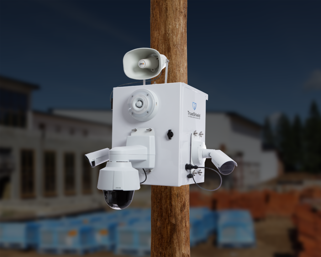 A picture of TrueLook's TrueShield security solution with three construction cameras designed to address builder's risk insurance requirements