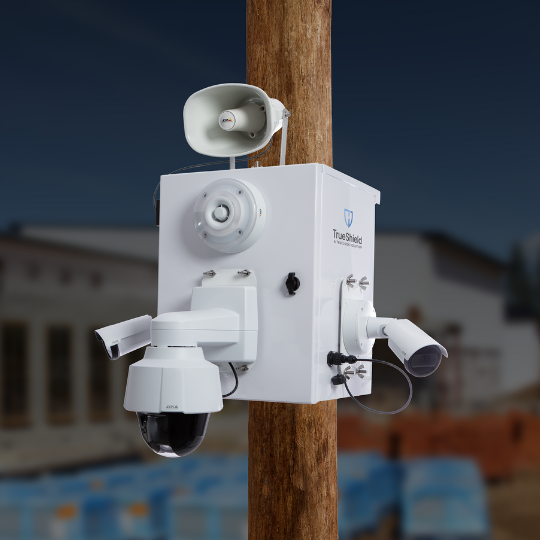 A picture of TrueLook's security solution designed to meet builder's risk insurance requirements with three cameras, a talkdown horn, and strobes and sirens